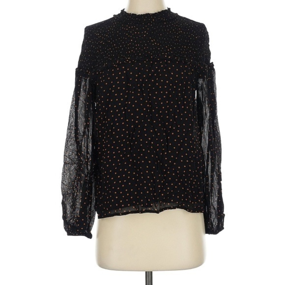 Sanctuary Black Blouse with Orange Dots – Size XS | Mock Neck | Long Sleeve Top - Picture 1 of 4